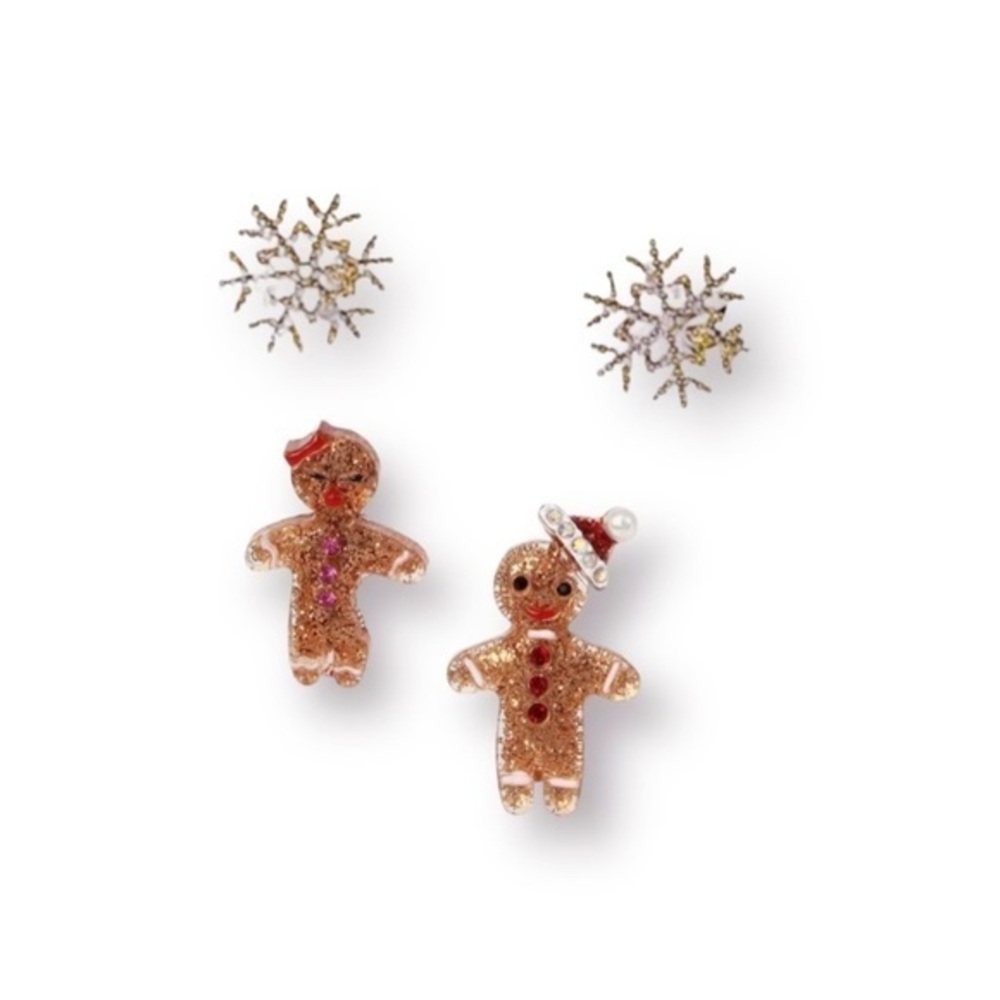 Betsey Johnson Christmas Stud Earrings Mismatch Brown Gingerbread & Snowflakes